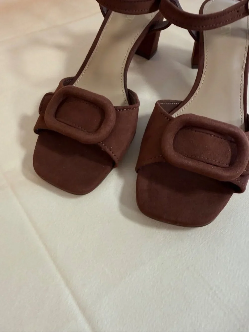 J. Crew Faux-suede buckle heeled sandals stylish comfortable Antique Oak Size 8
